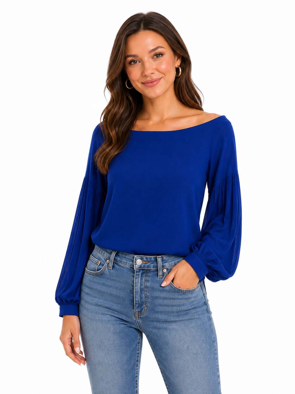 Floreat Royal Blue Off-Shoulder Long Sleeve Balloon Sleeve Blouse